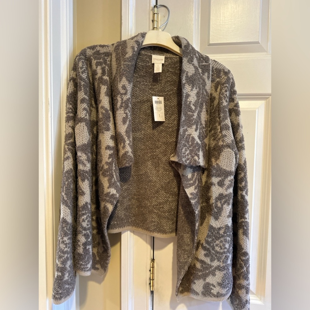 Chico’s Ryder Cardigan Paisley Neutral Open Front Sweater Size 1 NWT